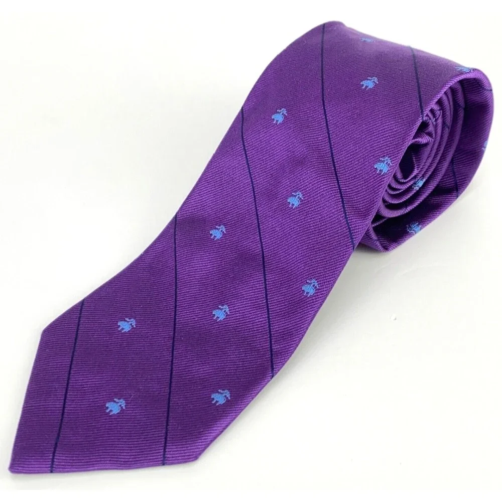 Brooks Brothers Purple Light Blue Golden Fleece Logo Navy Stripes 100% Silk Tie